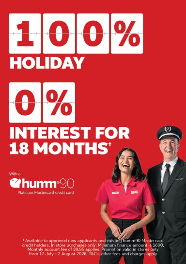 Flight Centre Captain and Co-captain advertising 100% holiday 0% interest for 18 months with Humm