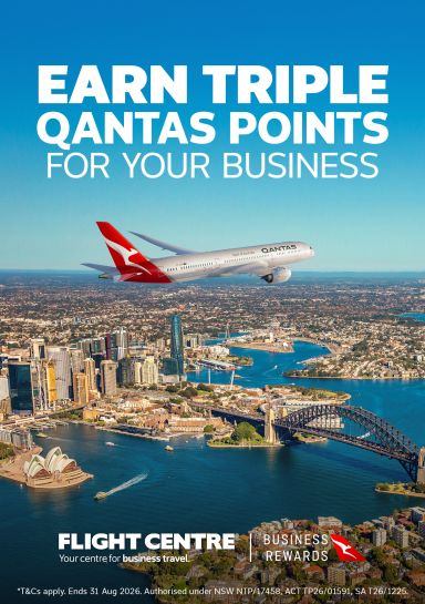 Qantas plane flying over Sydney Australia featuring an offer to earn triple Qantas points for your business