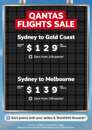 Qantas flights sale departure board showing Sydney to Gold Coast from $129 and Sydney to Melbourne from $139 per person one way