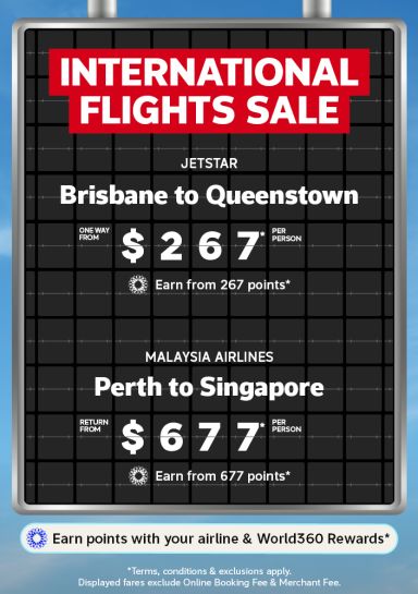 Airport departure board featuring an International Flights Sale with Brisbane to Queenstown from $267 and Perth to Singapore from $677
