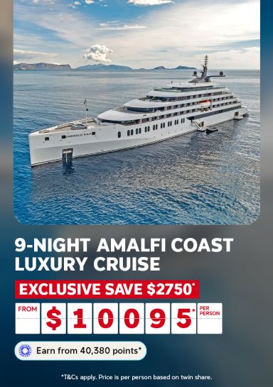 Emerald Kaia luxury ship on calm blue Mediterranean waters for a 9-night Amalfi Coast cruise exclusively saving $2750 from $10095 per person
