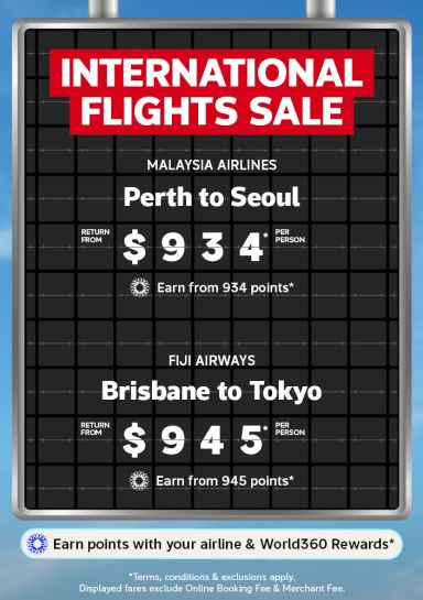 Flight departure board featuring international flight deals to Seoul return from $934 and to Tokyo return from $945