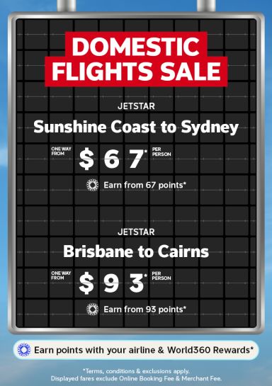Airport ticker board advertising domestic flight deals including Sunshine Coast to Sydney one way from $67 and Brisbane to Cairns one way from $93