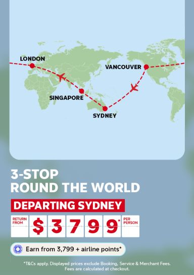 Map of the world featuring a flight from Sydney to Singapore to London to Vancouver from $3,799