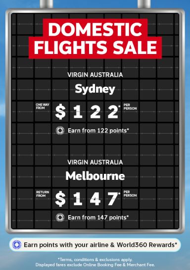 Airport departure board featuring domestic flights from Virgin Australia, including Sydney one way from $122 and Melbourne one way from $147