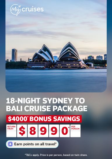 Sydney Opera House at dusk overlooking calm harbour waters for an 18 night Sydney to Bali cruise with $4000 bonus savings from $8990 per person
