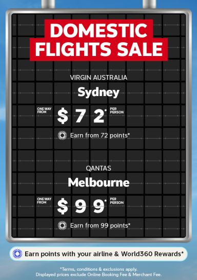 Airport ticker board advertising flights deals including one way flights to Sydney from $72* per person and one way flights to Melbourne from $99* per person