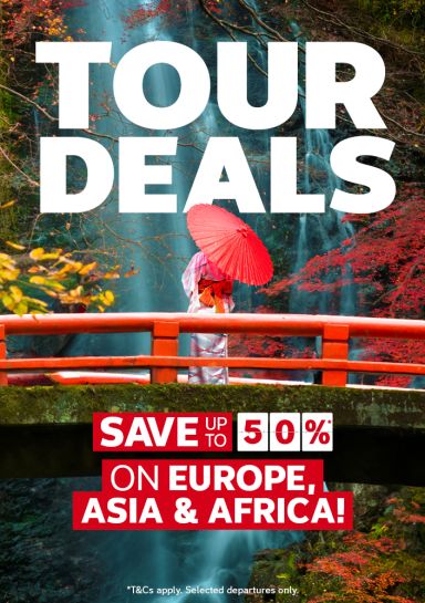 Woman in a pink kimono holding a red parasol on a bridge in Japan, featuring tour deals including savings up to 50%* on Europe, Asia & Africa tours