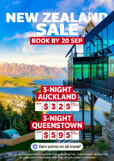 Glass restaurant over Queenstown lake and the Remarkables mountains for a New Zealand sale with 3 nights Auckland from 325 and Queenstown from 595