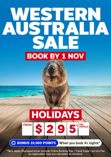 Quokka on a wooden pier at the beach featuring a Western Australia sale with holidays from $295