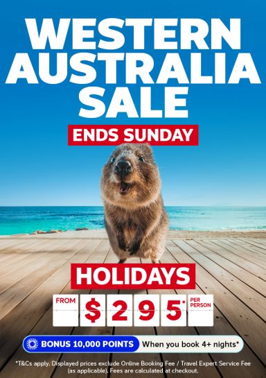 Quokka on a pier featuring a Western Australia sale endings Sunday with holidays from $295