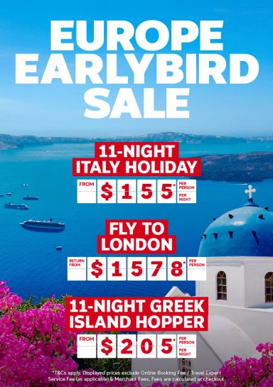 Blue domed Santorini church over Aegean cruise ships for a Europe earlybird sale with Italy from 155 London flights 1578 Greek islands from 205