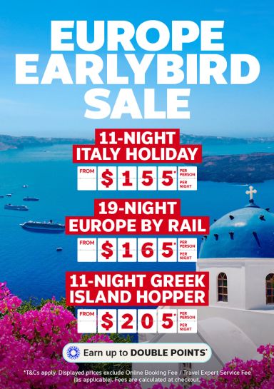 Mediterranean coast with turquoise waters and cruise ships for Flight Centre Europe Earlybird packages from $155 Italy, $165 rail, $205 Greek islands