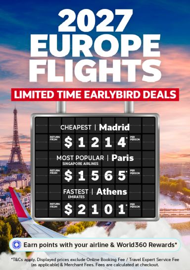 2027 Europe earlybird flight deals from 1214 to Madrid 1565 to Paris and 2101 to Athens return per person