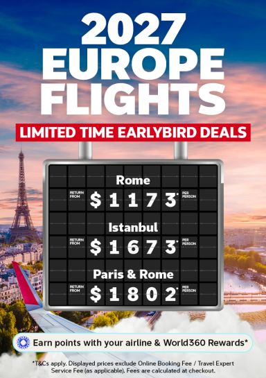 Eiffel Tower at dusk for Flight Centre limited-time 2027 Europe earlybird flights from Rome $1173, Istanbul $1673, Paris and Rome $1802