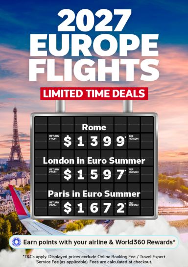 Airport departure board featuring return flights to Rome from $1,399, return flights to London from $1,597 and return flights to Paris from $1,672