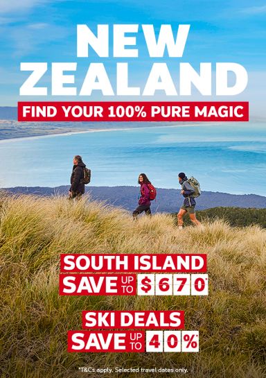 Three people hiking in New Zealand featuring South Island savings up to $670* and savings up to 40%* on ski deals