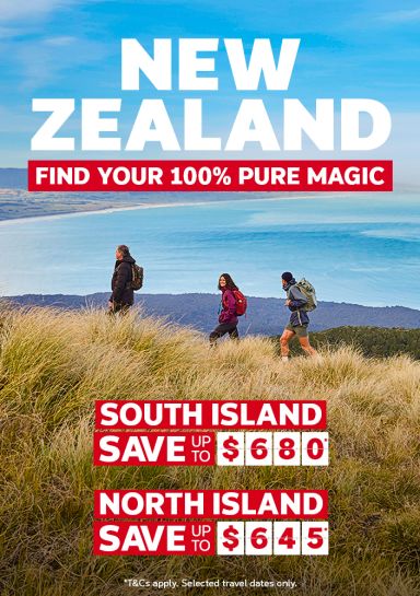 Three people hiking in New Zealand featuring South Island savings up to $680* and North Island savings up to $645*