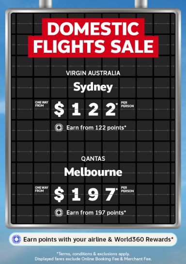 Airport departure board featuring domestic flight deals including one way flights to Sydney from $122 and one way flights to Melbourne from $197