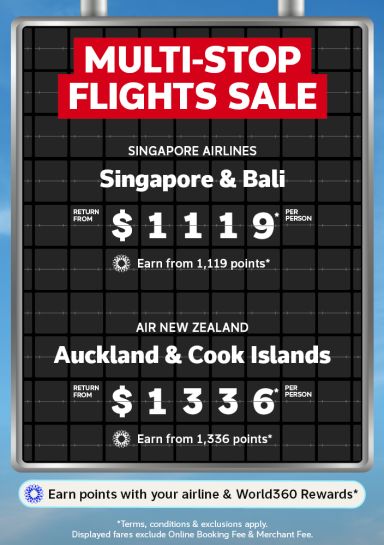 Airport departure board featuring multi-stop flights deals including return flights to Singapore & Bali from $1,119 and return flights to Auckland & Cook Islands from $1,336
