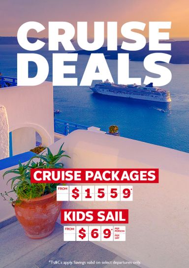 Cruise ship sailing in Santorini, Greece at sunset featuring cruise deals including cruise packages from $1,559* and kids sail from $69* per person per day