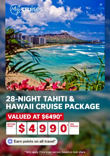 My Cruises 28-night Tahiti and Hawaii cruise package overlooking Diamond Head and Waikiki Beach return from $4990 per person