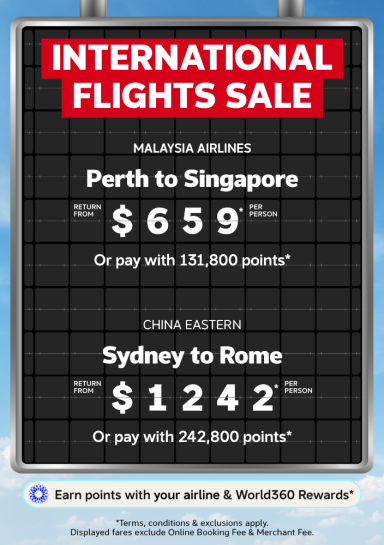 Airport departure board featuring return flight deals from Perth to Singapore from $659 and Sydney to Rome from $1,242