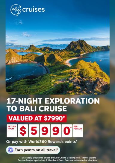 Aerial view of a lush green coastline with hills and inlets in Bali for a 17 night exploration to Bali cruise valued at 7990 from 5990 per person