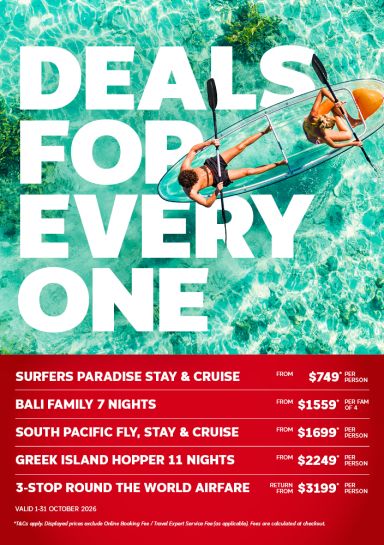 Two people in a plexiglass kayak rowing on clear, teal water featuring holiday deals for everyone