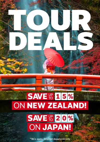 Woman with a red parasol on a bridge in Japan looking at a waterfall featuring up to 15% off tour deals in New Zealand and up to 20% off tour deals in Japan