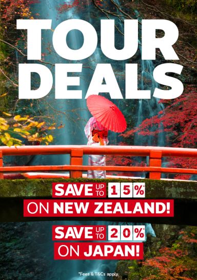 Woman with a red umbrella on a bridge before a waterfall and autumn leaves for tour deals saving up to 15% on New Zealand and 20% on Japan