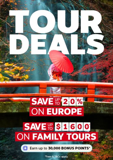 Traveler with red umbrella on bridge overlooking waterfall for Flight Centre tour deals saving up to 20% on Europe and $1600 on family tours