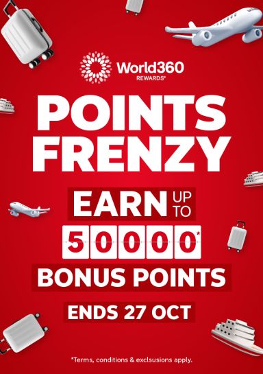 World360 Rewards Points Frenzy campaign offering up to 50000 bonus points on Flight Centre travel bookings ending October 27