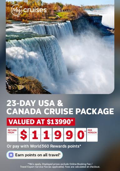 Niagara Falls cascading amid autumn foliage for a 23-day USA and Canada cruise package valued at 13990 from 11990 per person