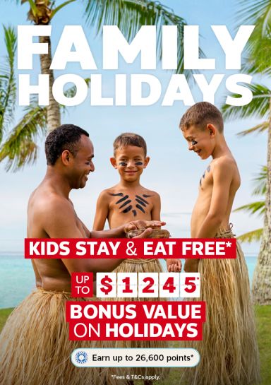 Father and children enjoying tropical beach with palm trees for Flight Centre family holidays offering kids stay and eat free up to $1245 bonus value