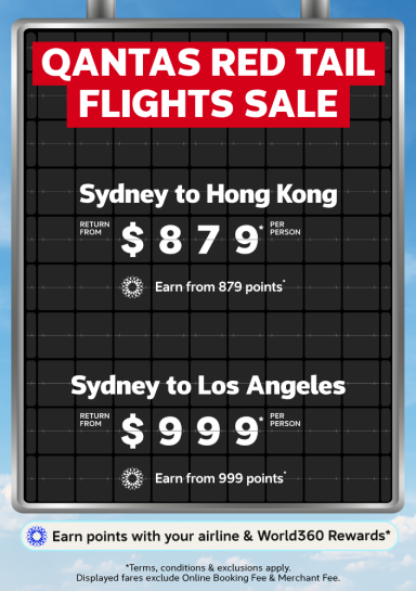 Qantas Red Tail aircraft against a blue sky for a flights sale with Sydney to Hong Kong from $879 and Sydney to Los Angeles from $999 return