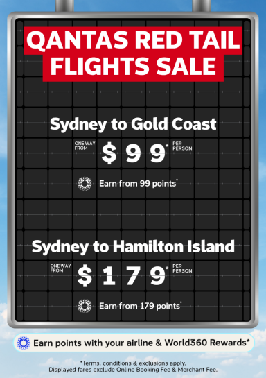 Qantas Red Tail flights sale one way from $99 Sydney to Gold Coast or $179 Sydney to Hamilton Island per person