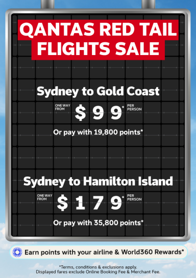 Qantas Red Tail flights sale one way from $99 Sydney to Gold Coast or $179 Sydney to Hamilton Island per person
