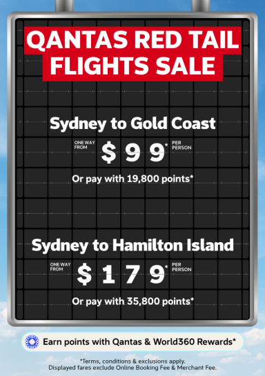 Qantas Red Tail flights sale Sydney to Gold Coast one way from $99 and Sydney to Hamilton Island one way from $179 per person