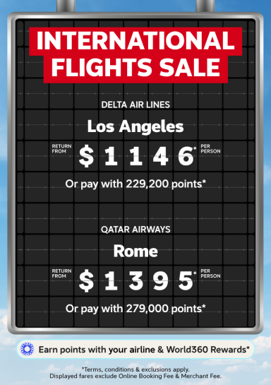 International flights sale to Los Angeles return from $1146 and Rome return from $1395 per person