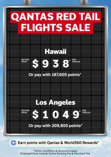 Qantas red tail flights sale to Hawaii return from $938 and Los Angeles return from $1049 per person