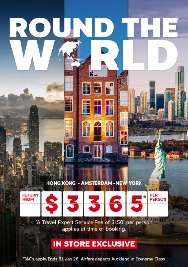 Round the world airfare - Hong Kong, Amsterdam, NYC from $3365 return pp