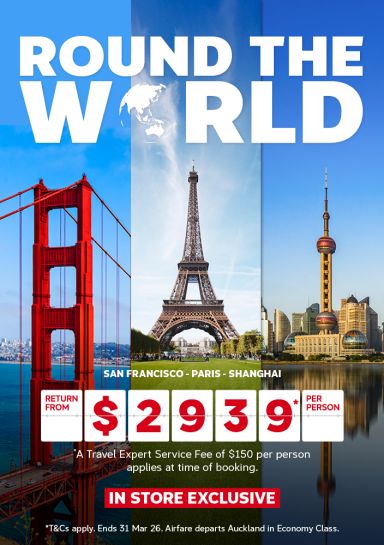 RTW San Fran, Paris, Shanghai from $2939*pp
