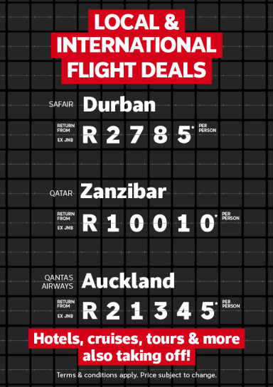 Flight departure board featuring local and international flight deals to Durban from R2785 Phuket from R10010 and Auckland from R21345