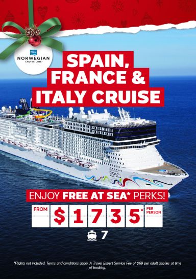 Spain, France & Italy Cruise enjoy Free at Sea* perks from $1735* per person