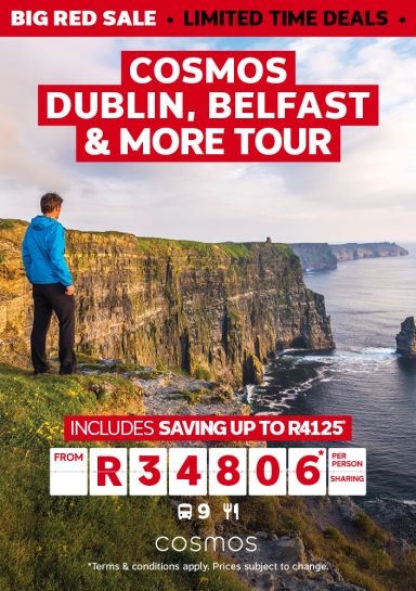 Big Red Sale - limited time deals | Cosmos Dublin, Belfast & more tour | includes saving up to R4125* - from R34,806* per person sharing | *Terms & conditions apply. Prices subject to change. | Man standing on the edge of cliffs off the coast of Ireland