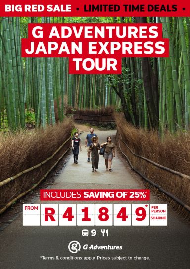 Big Red Sale - limited time deals | G Adventures Japan express tour | includes saving of 25%* - from R41,849* per person sharing. *Terms & conditions apply. Prices subject to change | group of 4 walking through Arashiyama bamboo forest in Kyoto
