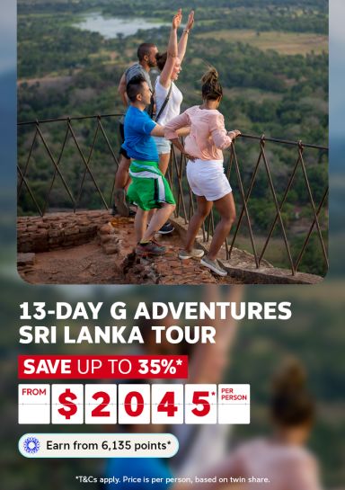 Travellers with arms raised on a rocky Sri Lanka hilltop for a 13-day G Adventures tour saving up to 35% from $2045 per person