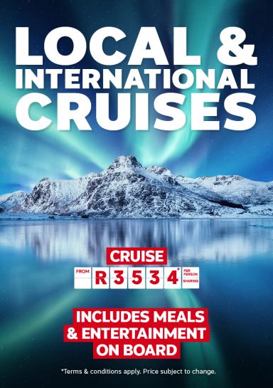 Snow capped mountains reflected in icy waters beneath the northern lights featuring local and international cruises from R3534 including meals and onboard entertainment
