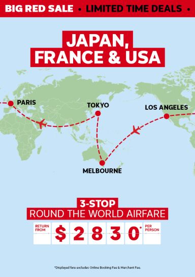 Japan, France & USA. 3-stop round the world airfare return from $2830* per person